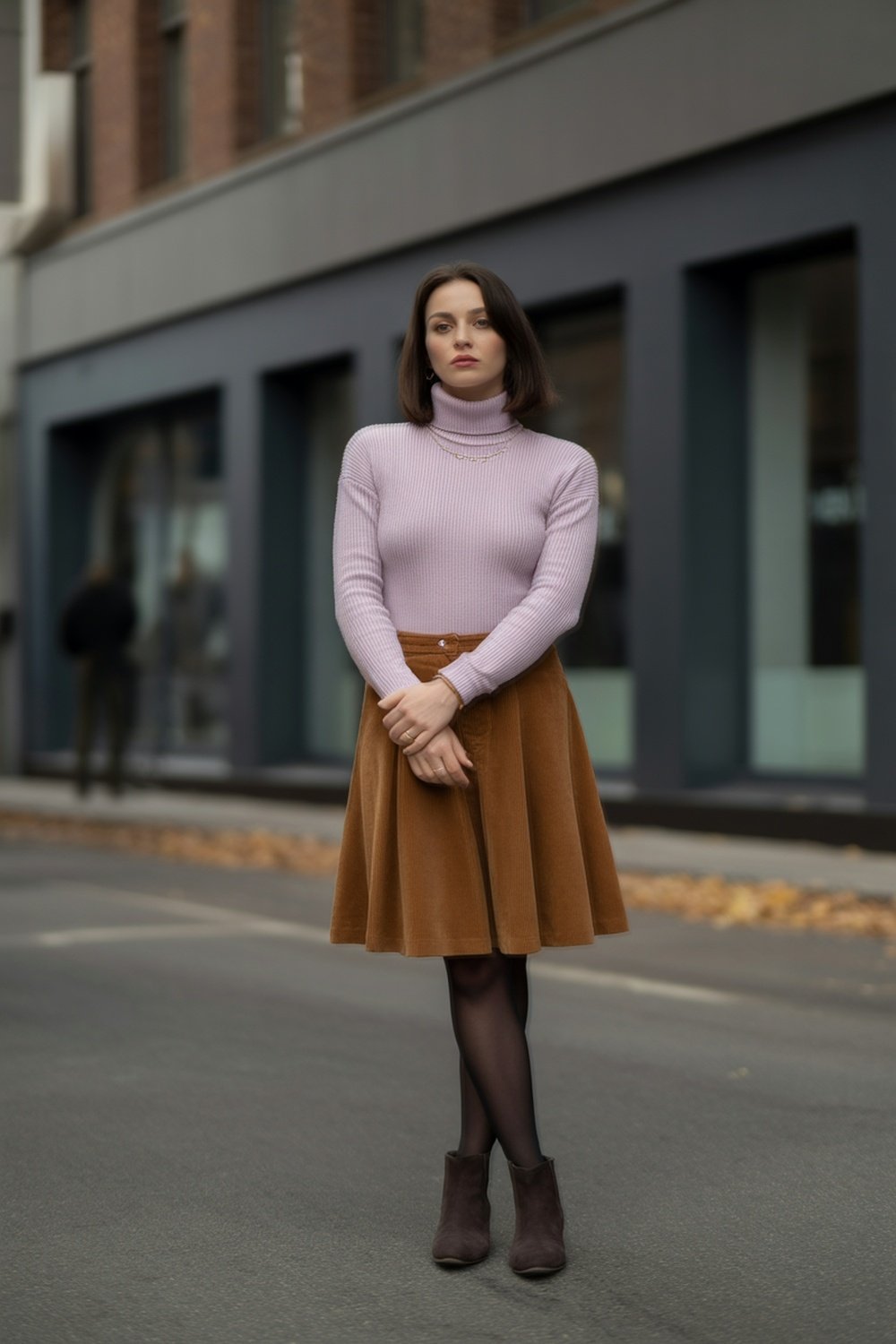 Soft Knit Turtleneck With Corduroy Skirt