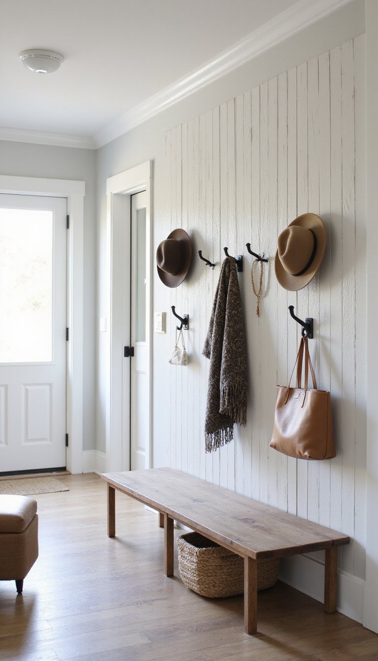 Wooden Slat Accent Wall With Hooks