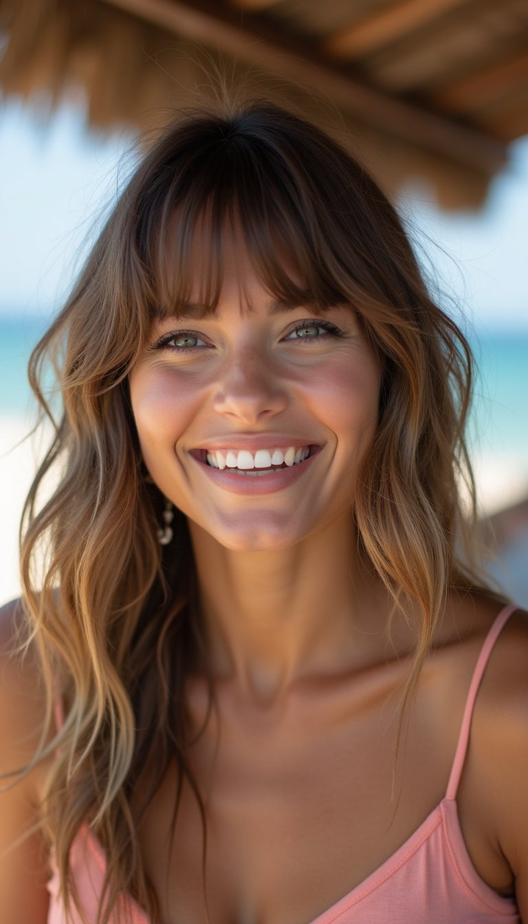 Flirty Curtain Bangs With Beachy Waves