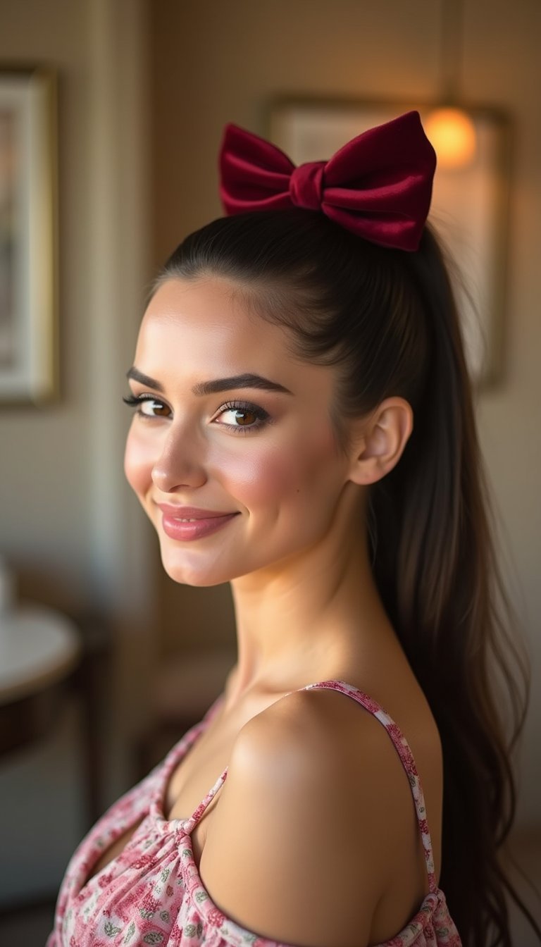 Sleek High Pony With Velvet Bow