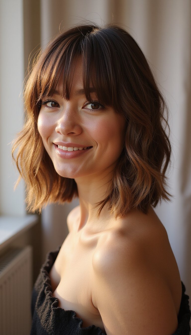 Textured Lob With Chic Curtain Bangs