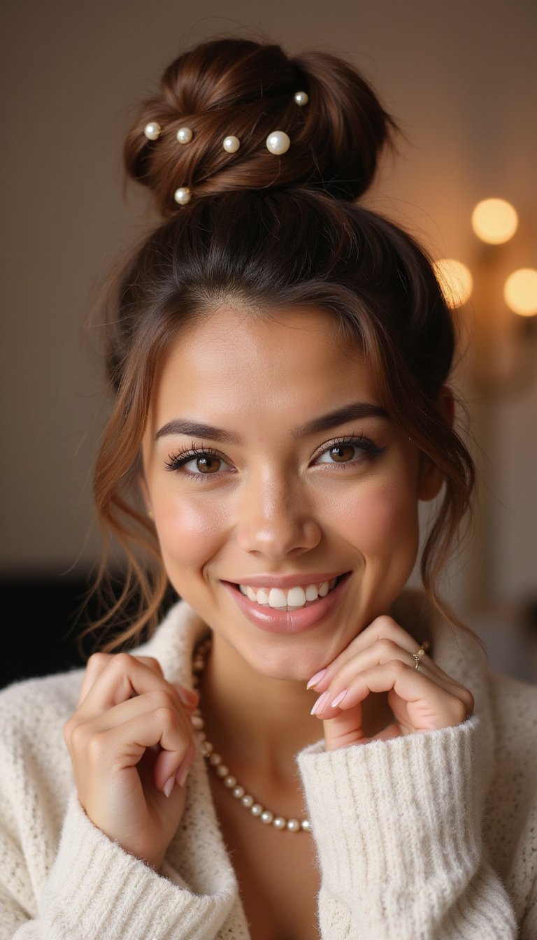 Wrapped Top Knot With Pearl Pins