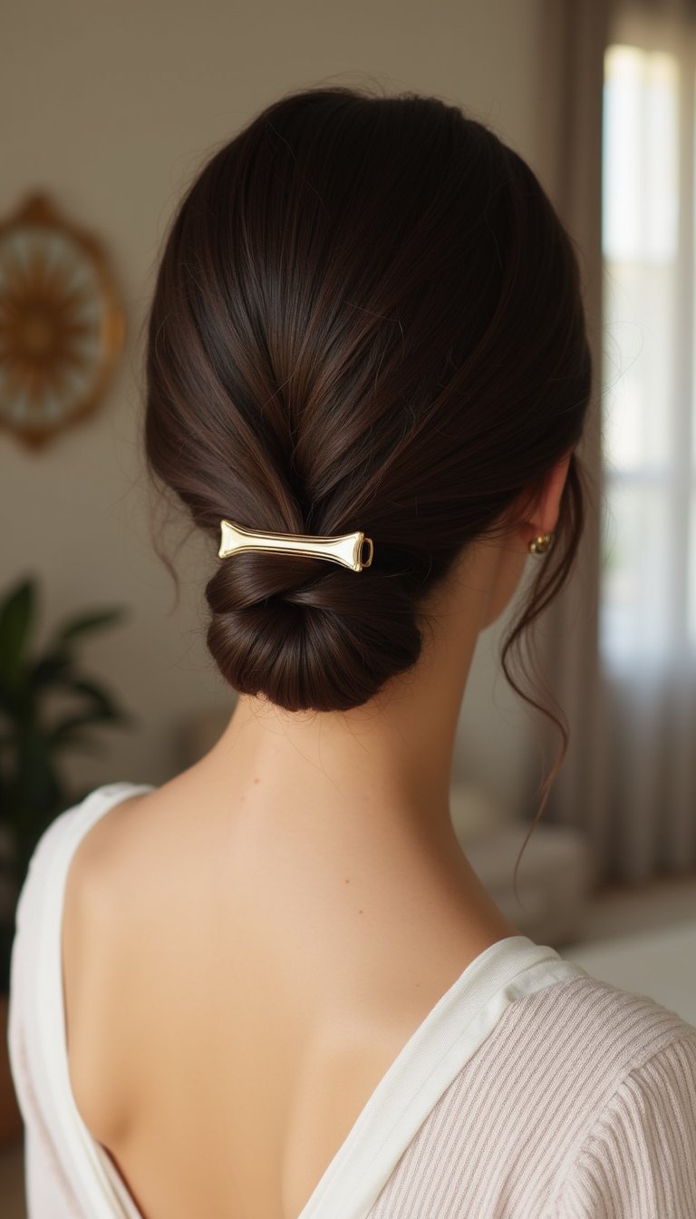 Low Twisted Bun Held By Minimalist Claw Clip