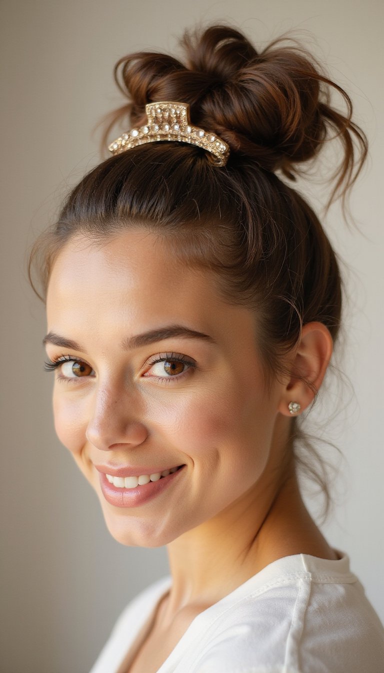 Messy Top Knot Secured With Chunky Claw Clip