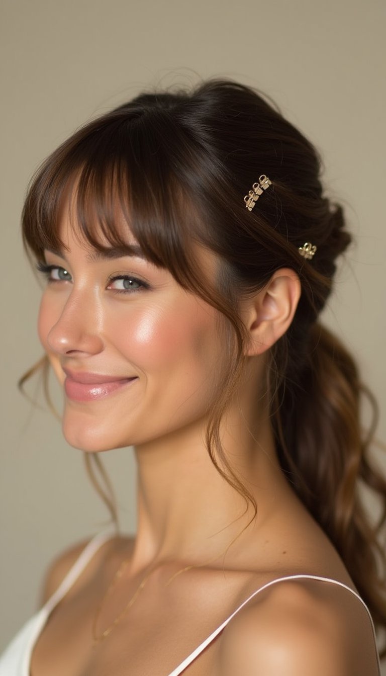 Side-Swept Curtain Bangs Tucked With Mini Claw Clip