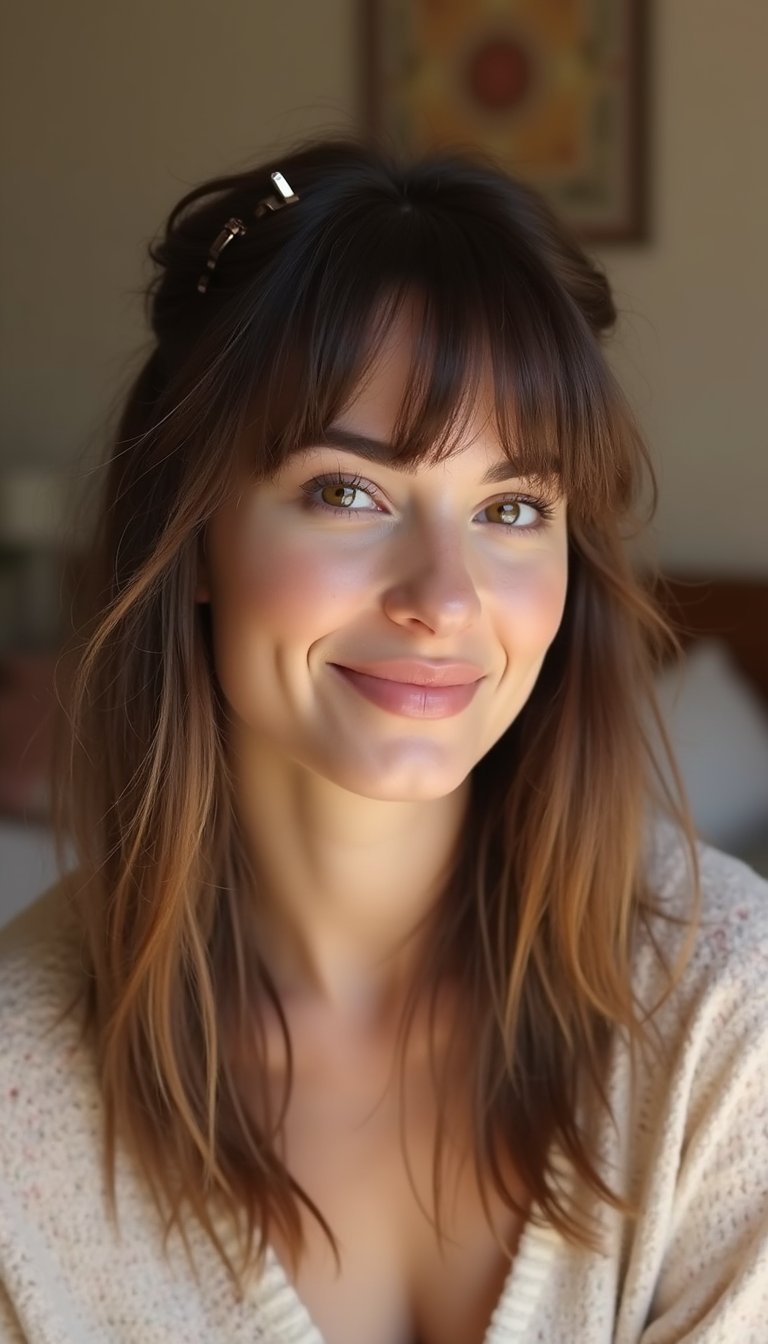Tousled Curtain Bangs Clipped Back For Ease