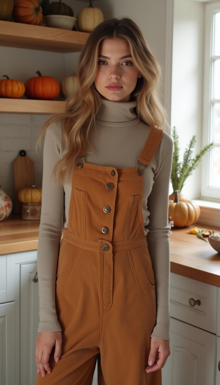 Button-Front Corduroy Pinafore With Cozy Turtleneck