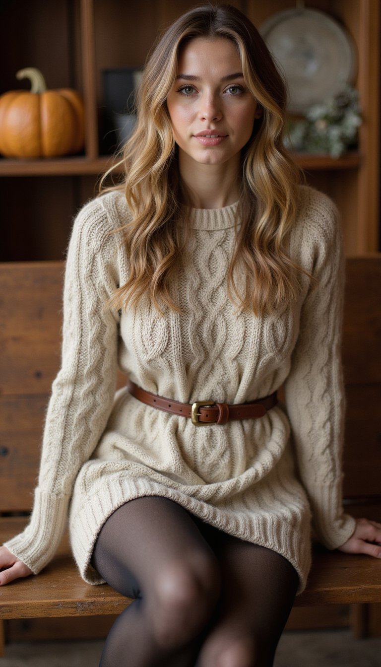Cable-Knit Dress With Leather Belt And Tights