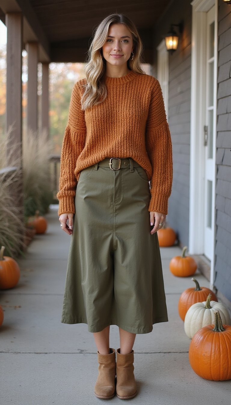 Chunky Knit Sweater With Belted Midi Skirt