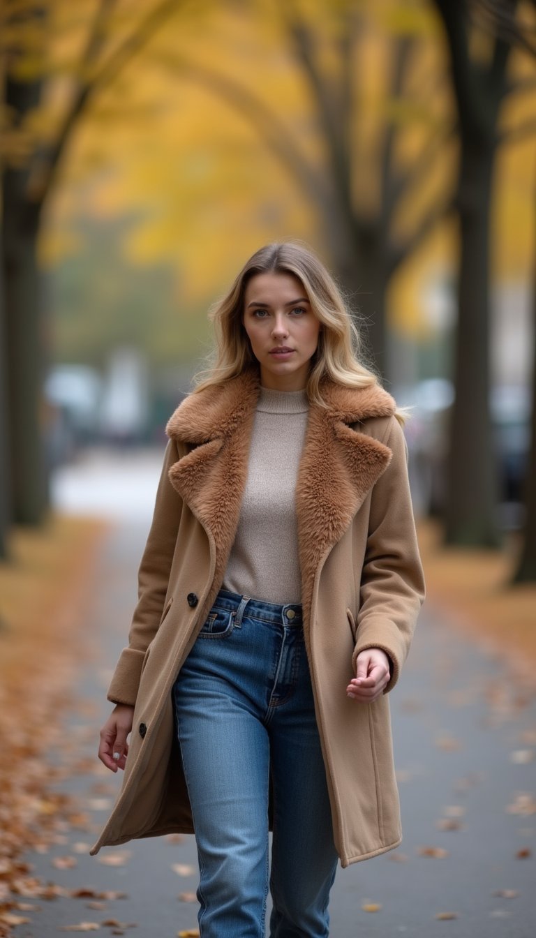 Faux Fur Collar Coat With High-Waist Jeans