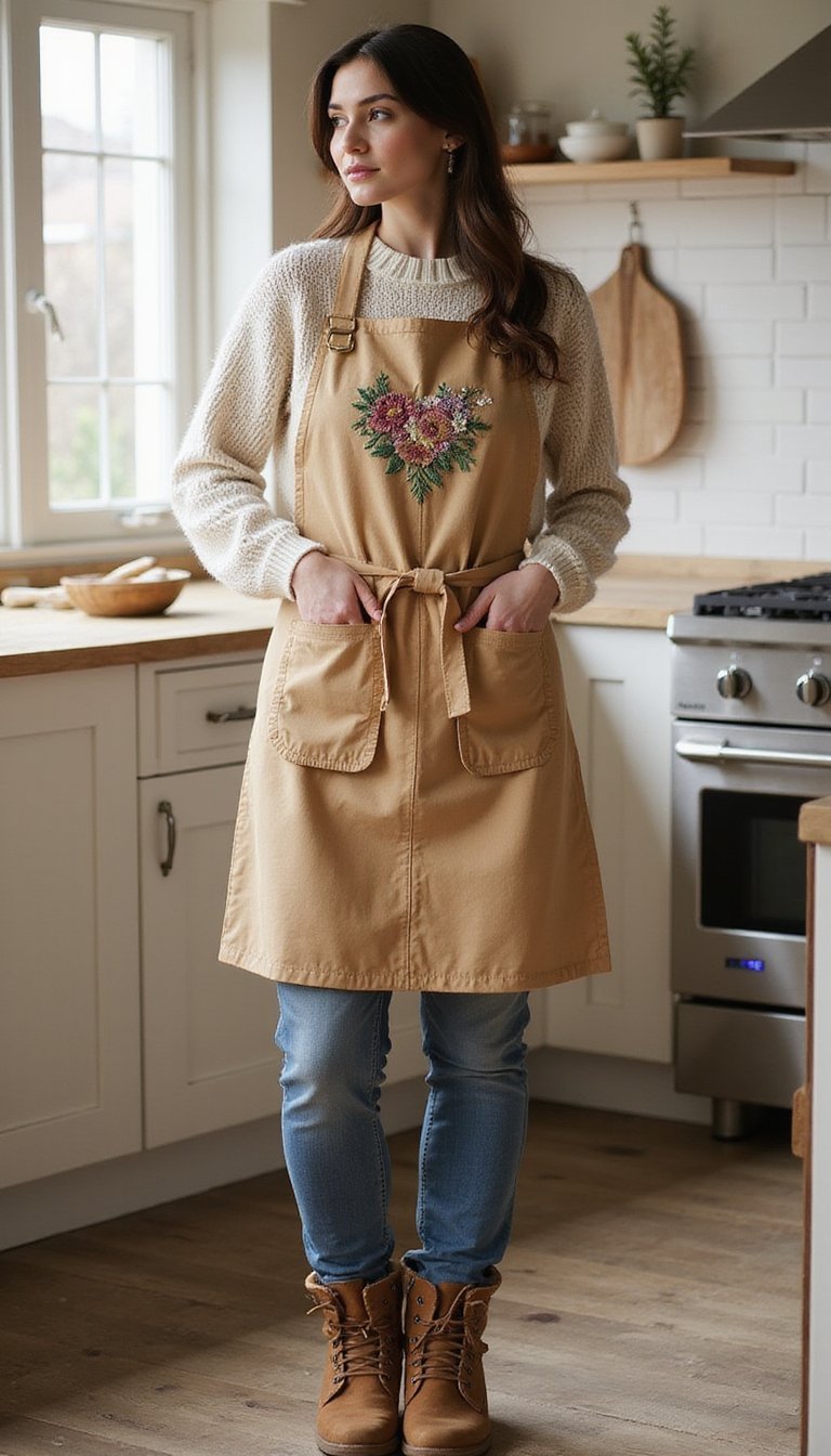 Hand-Embroidered Apron Paired With Cozy Boots