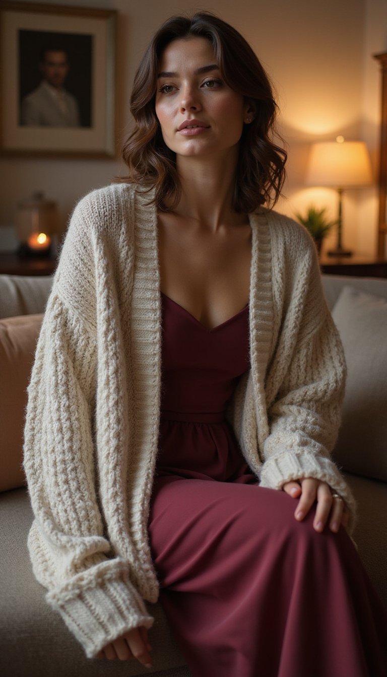 Oversized Cardigan Layered Over Slip Dress
