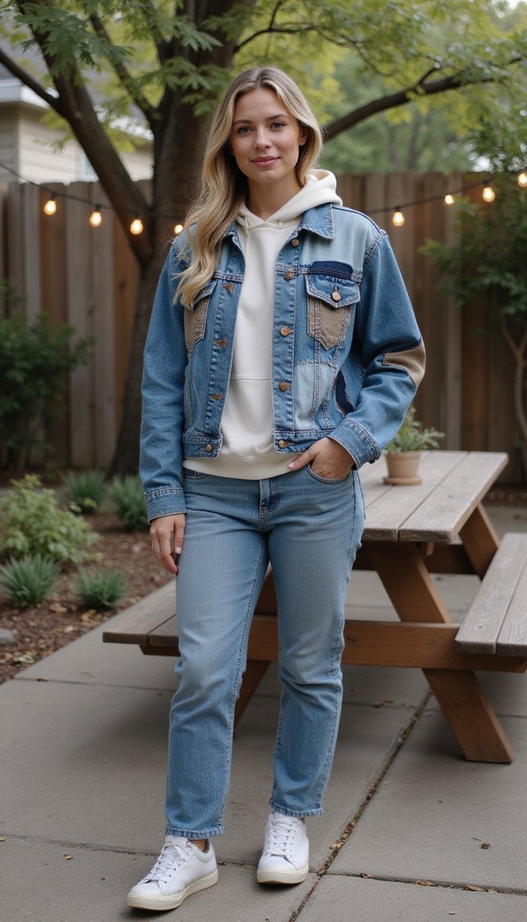 Patchwork Denim Jacket Over Cozy Hoodie
