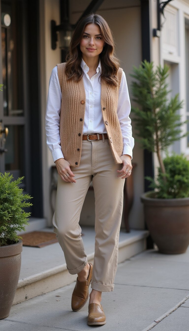 Sweater Vest Over Button-Up Shirt And Trousers