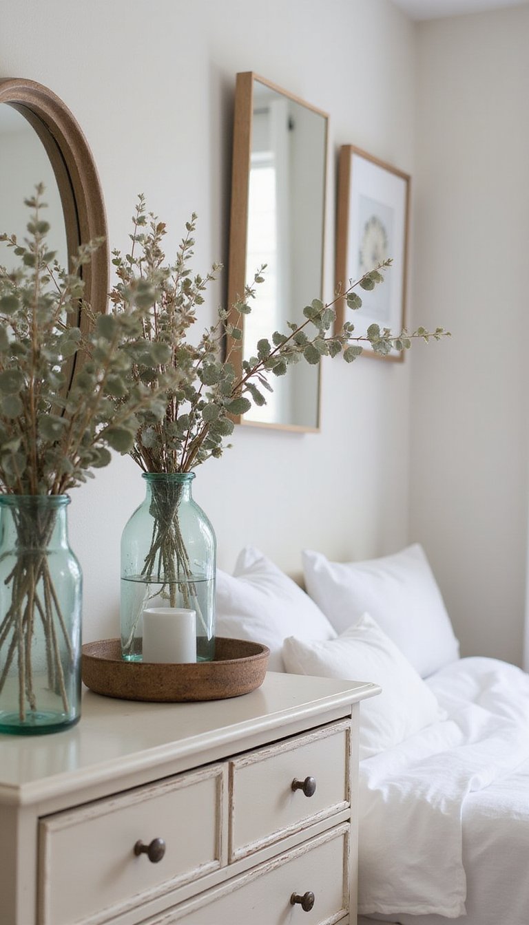 Dried Winter Greenery In Rustic Glass Vases