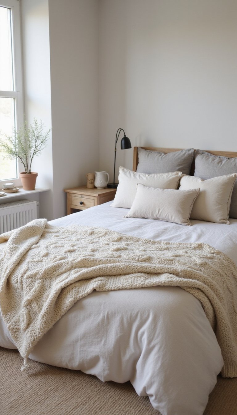 Neutral Linen Bedding With Chunky Knit Throw