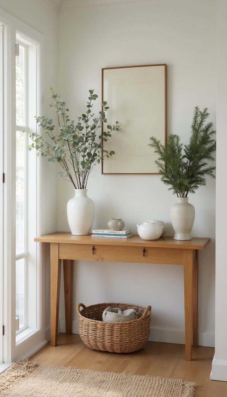 Warm Oak Console Styled With Winter Greens