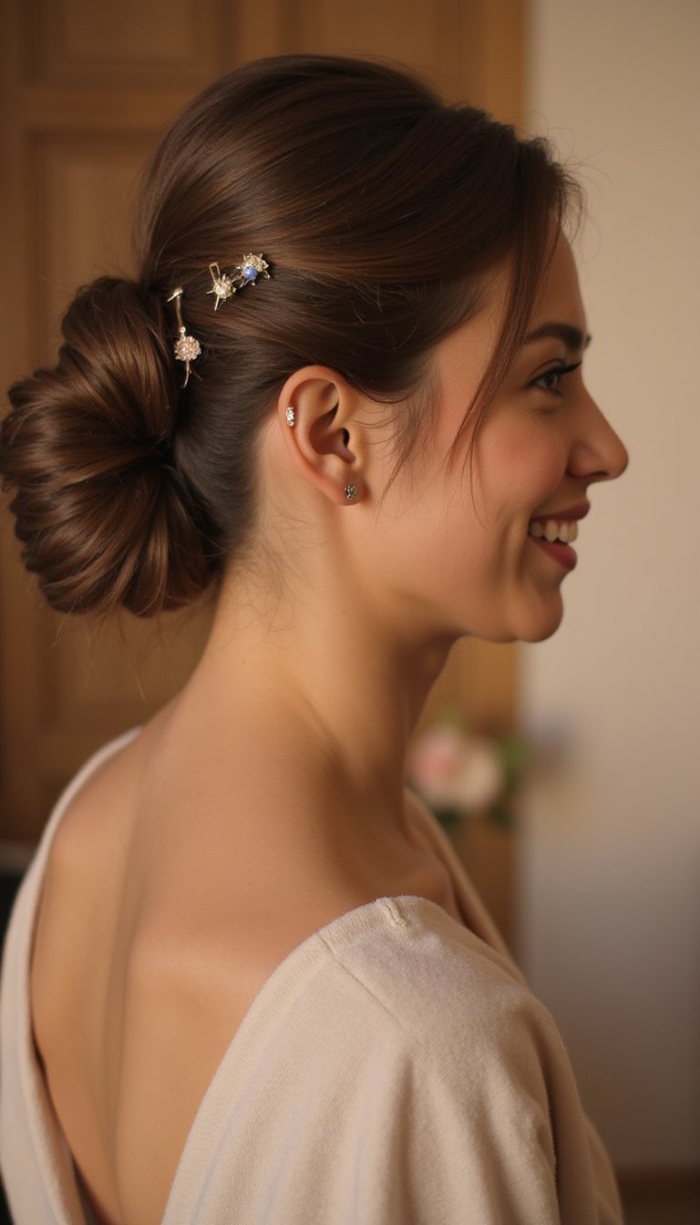 Twisted Low Bun With Decorative Bobby Pins