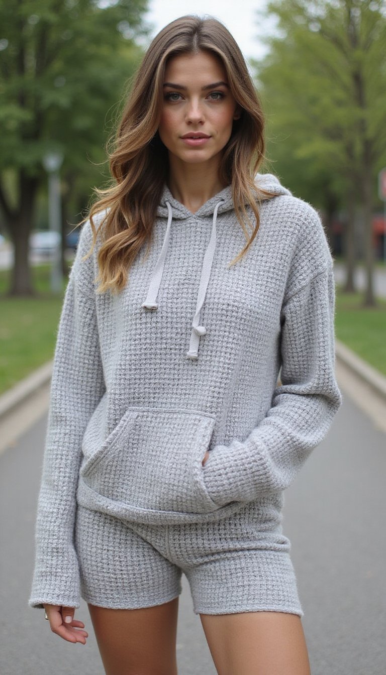 Sporty Crochet Hoodie And Bike Short Co-Ord Set