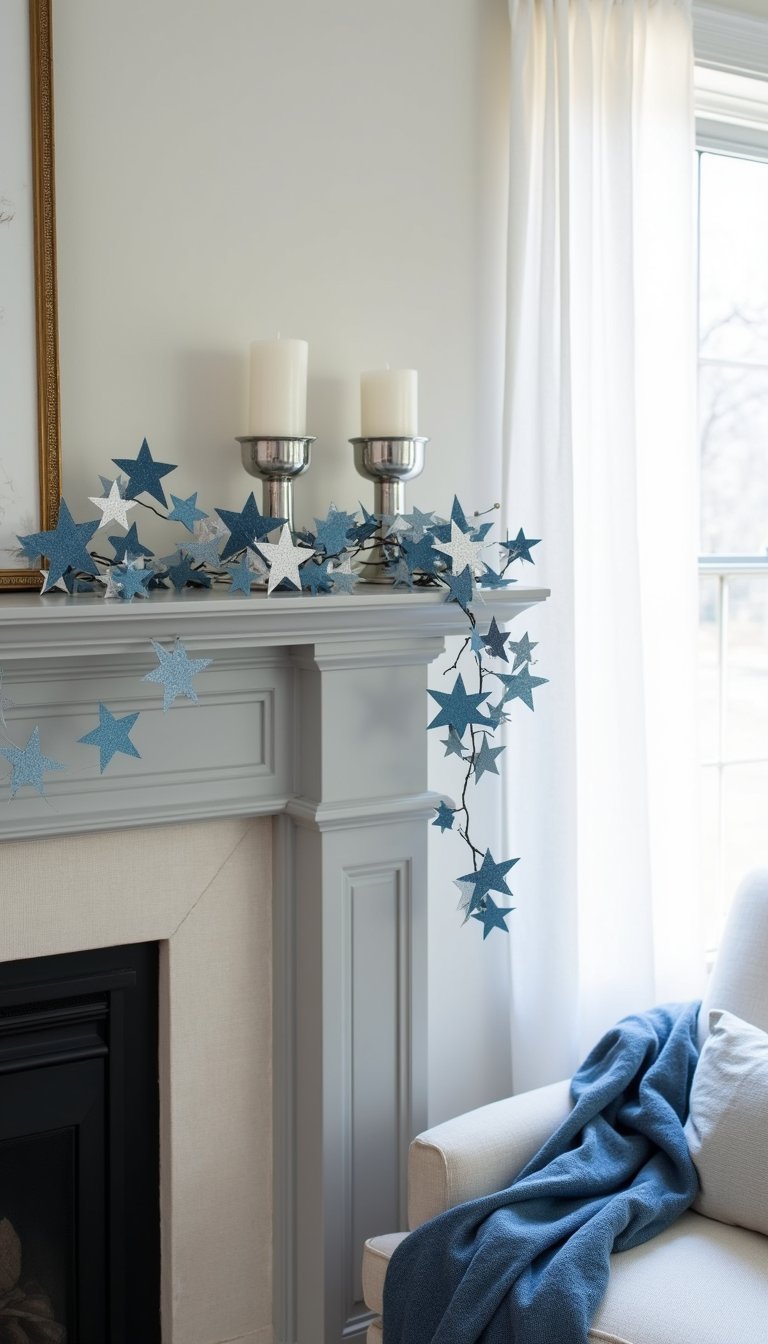 Blue And White Paper Star Garland For Mantel