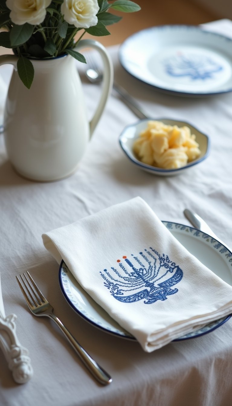 Embroidered Linen Napkins With Blue Motifs