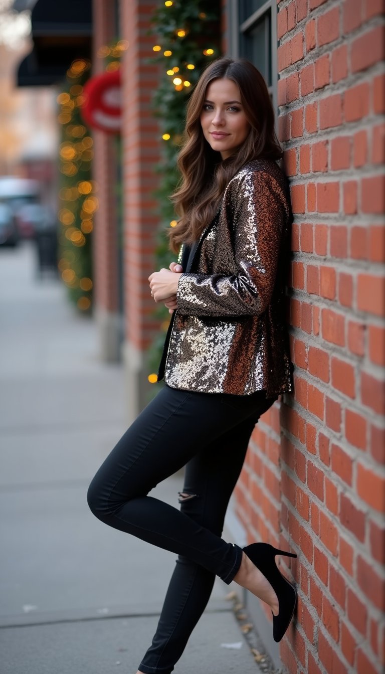 Sequin Blazer With Dark Skinny Jeans