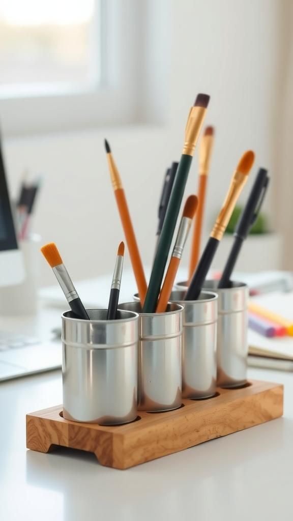 Desk Caddy From Repurposed Tin Cans And Wood
