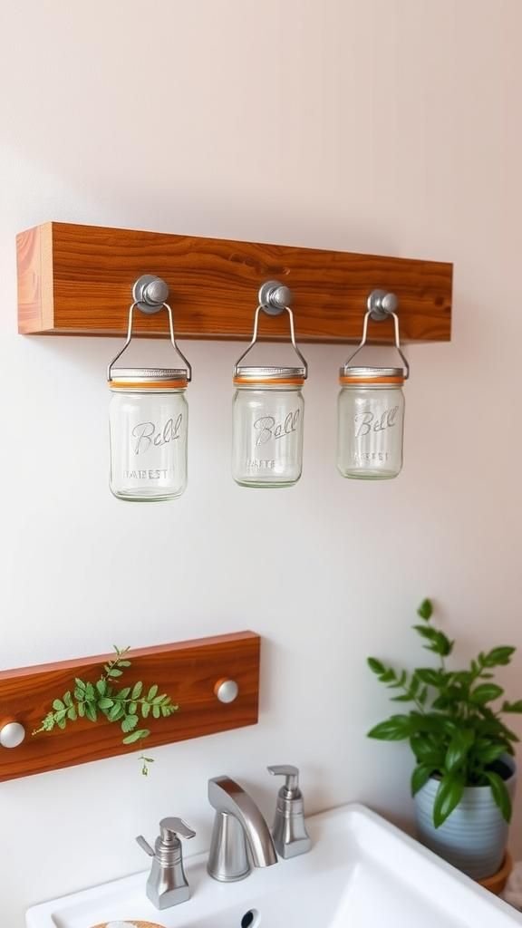 Mason Jar Wall Organizer With Rustic Rail