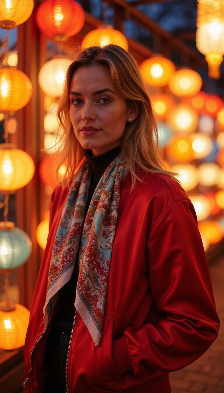 Cheerful Red Bomber Jacket With Silk Scarf