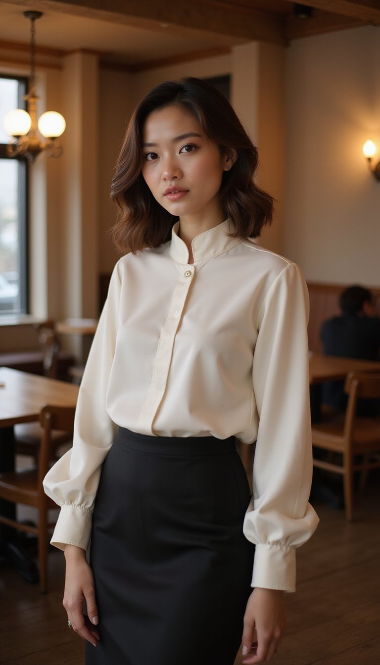 Statement Sleeve Mandarin Collar Blouse And Skirt