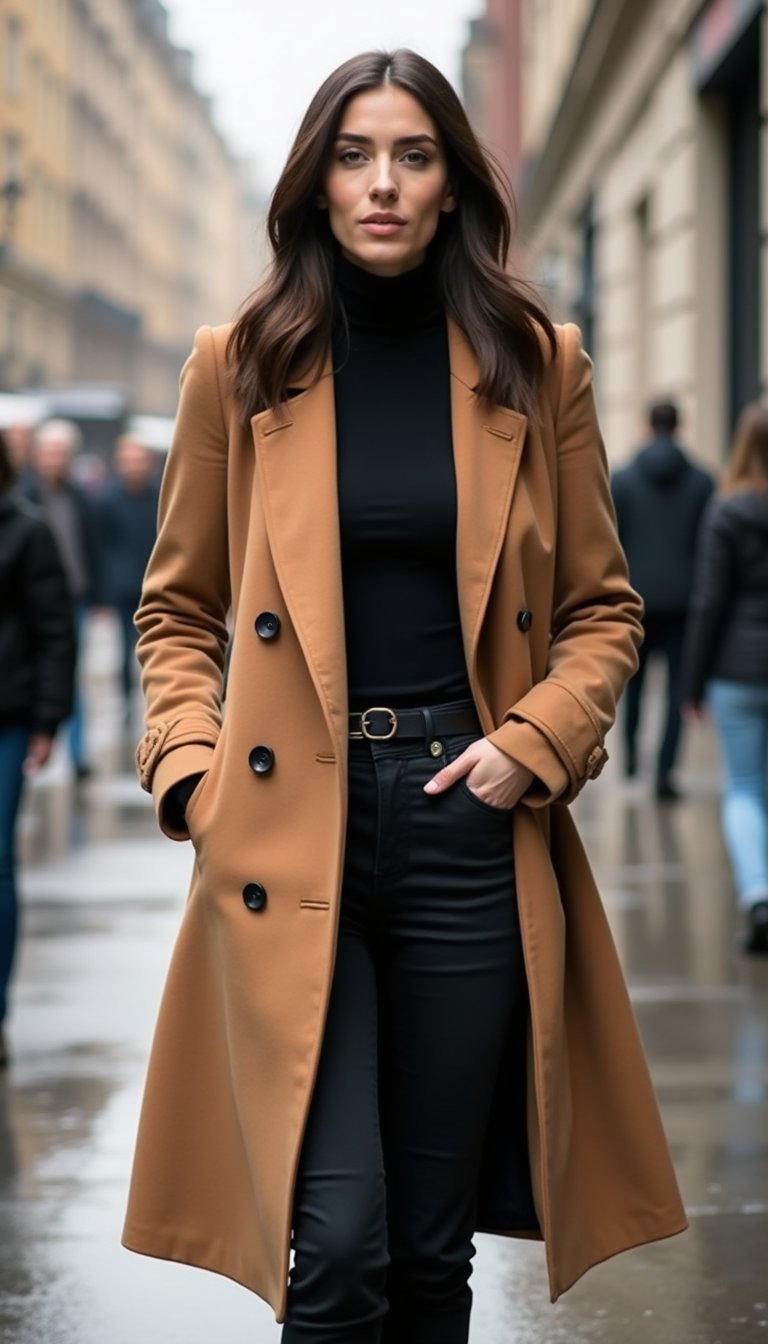 Camel Coat, Black Turtleneck, And Tapered Pants