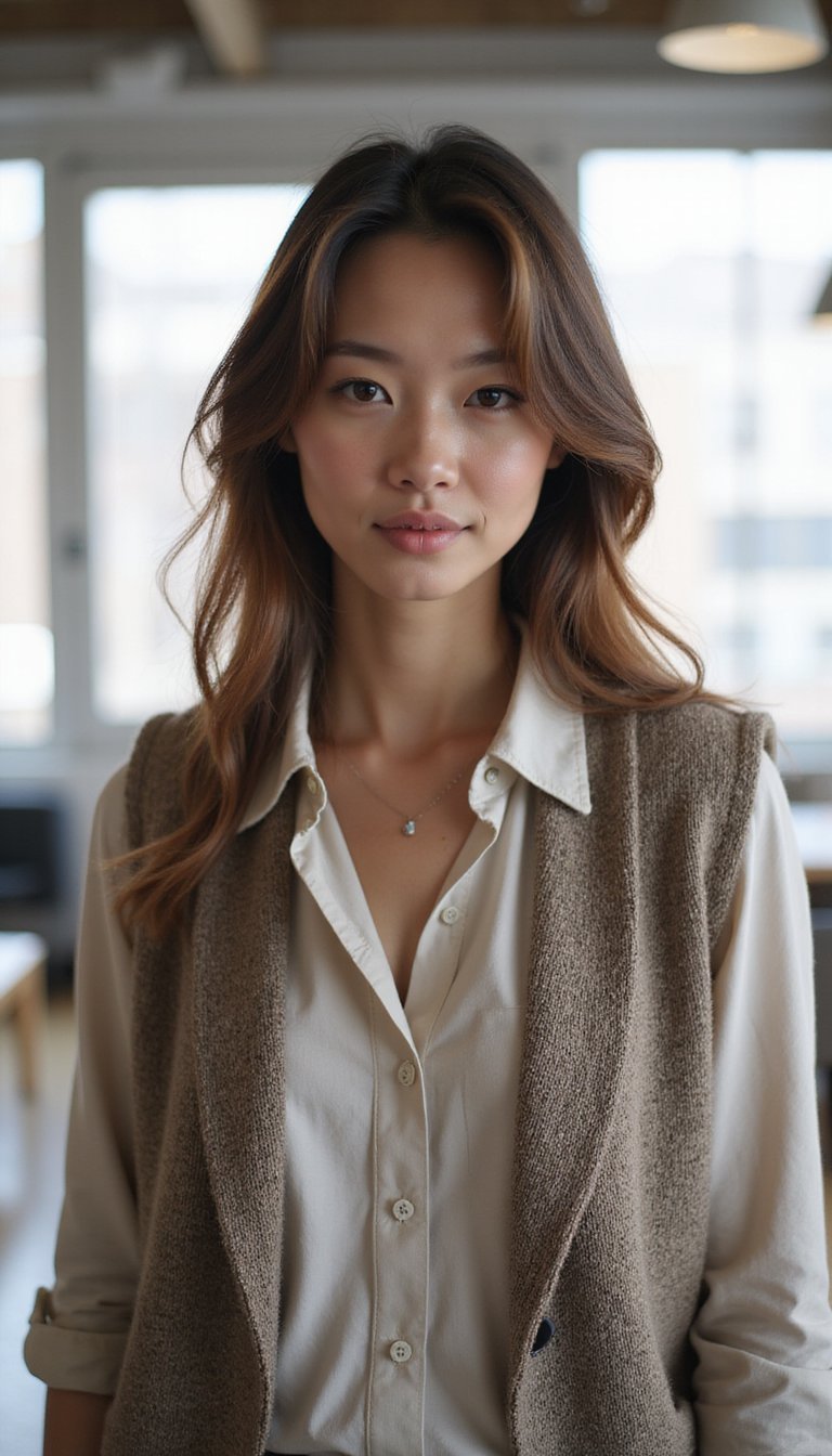 Knitted Vest Over Button Shirt For Layered Interest