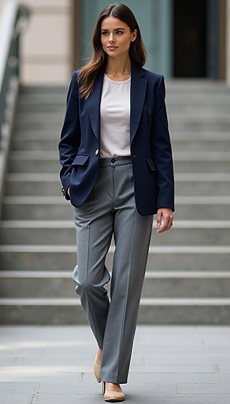 Navy Blazer, Grey Trousers, And Soft Tee