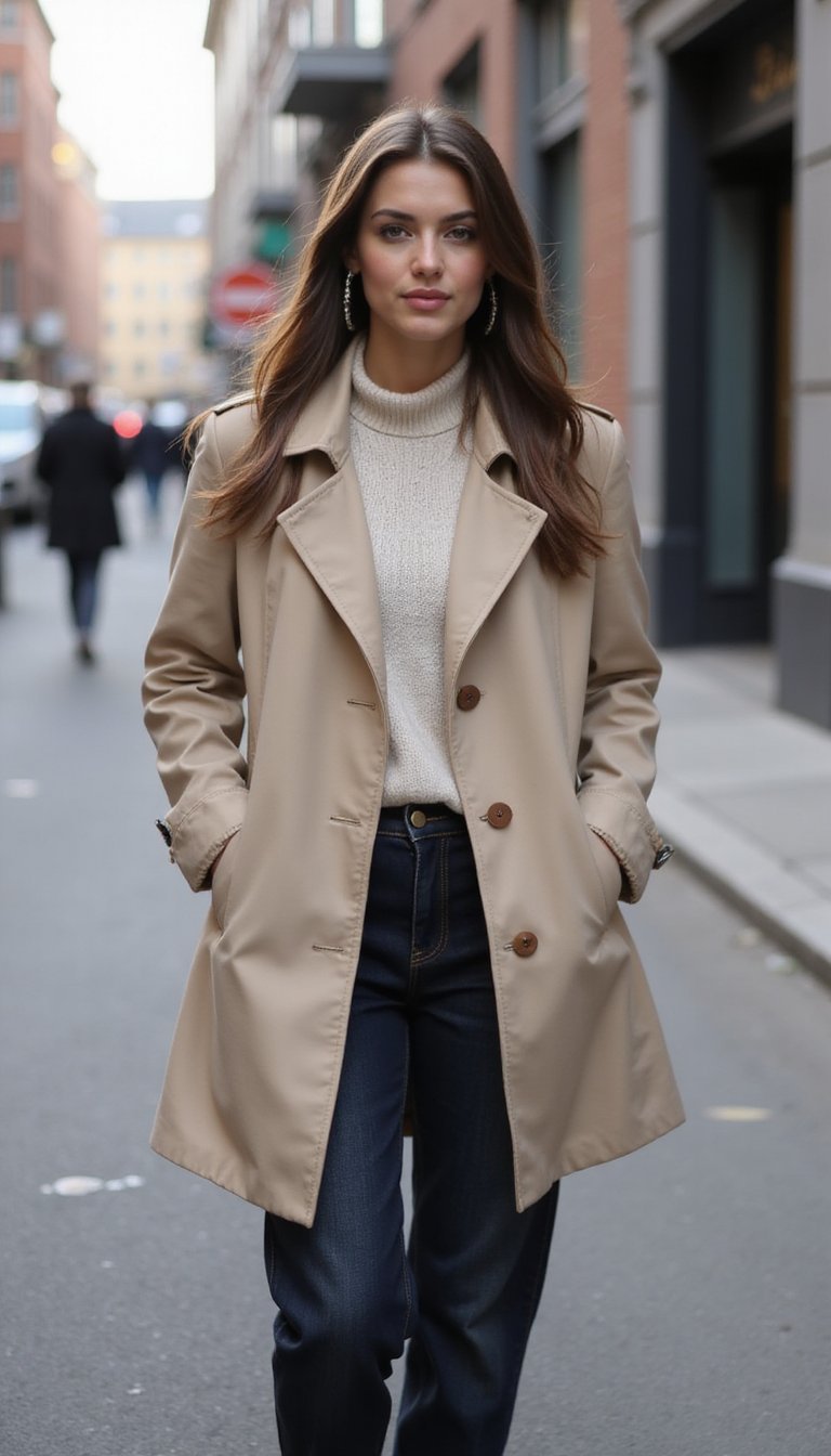 Neutral Trench, Lightweight Knit, And Jeans