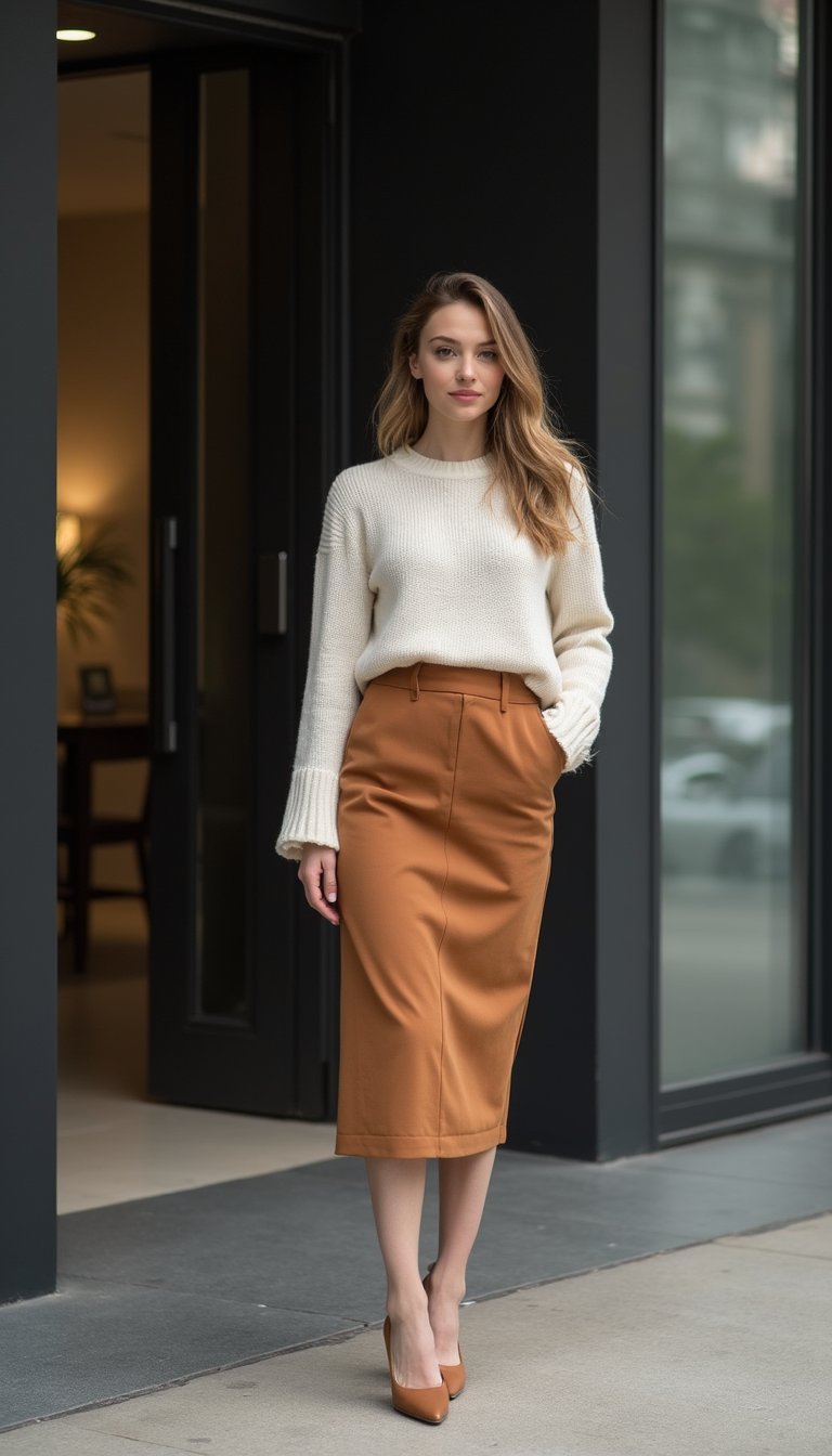 Tailored Midi Skirt With Slim Knit Top Combo