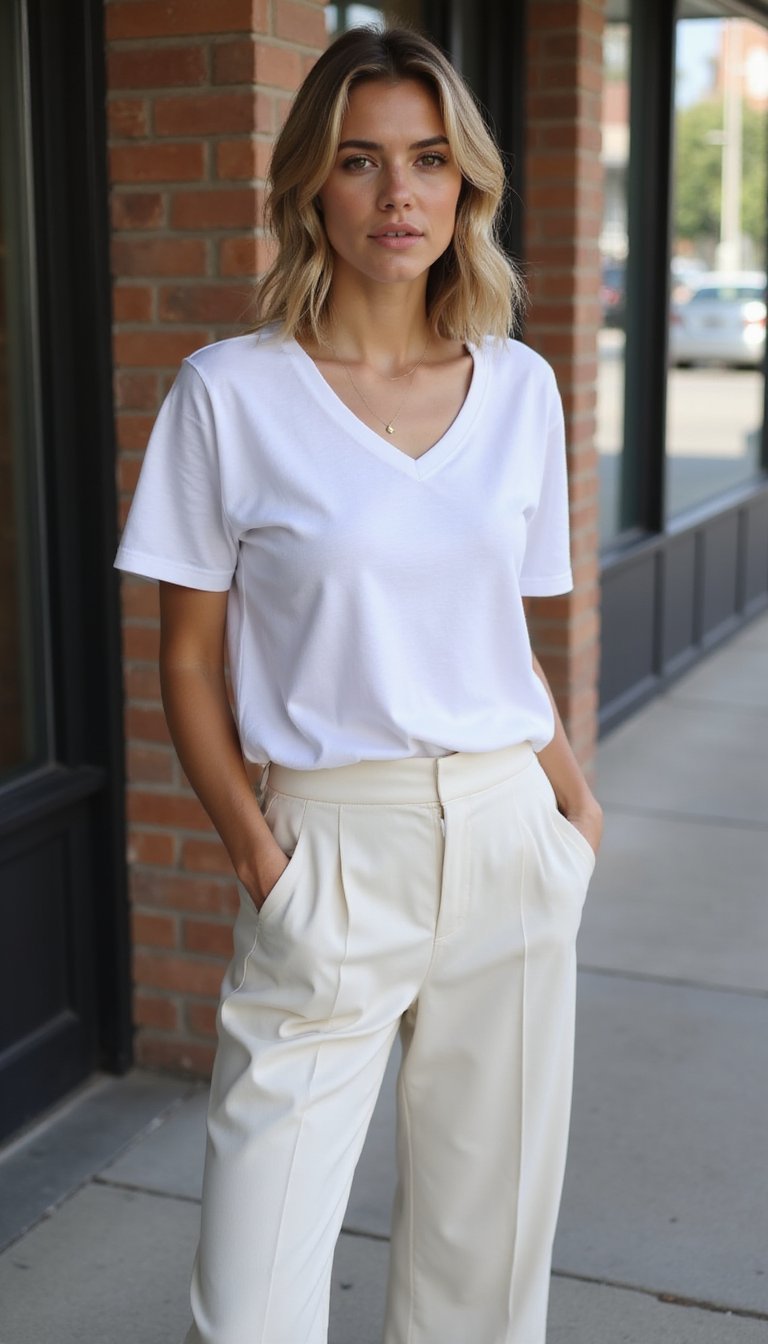 White Tee, Tailored Culottes, And Mules