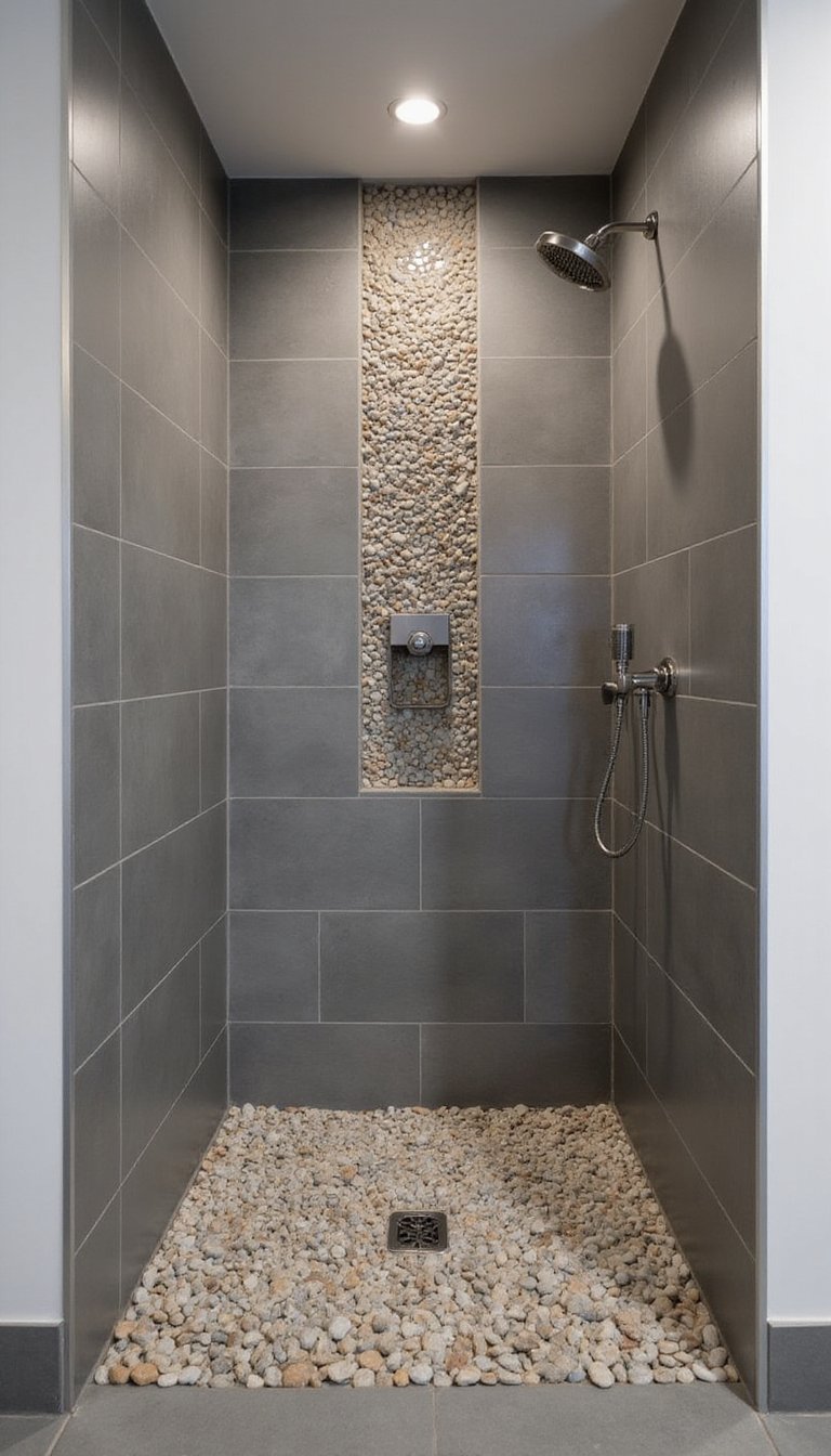 Pebble Shower Floor Accent With Matte Tile Border