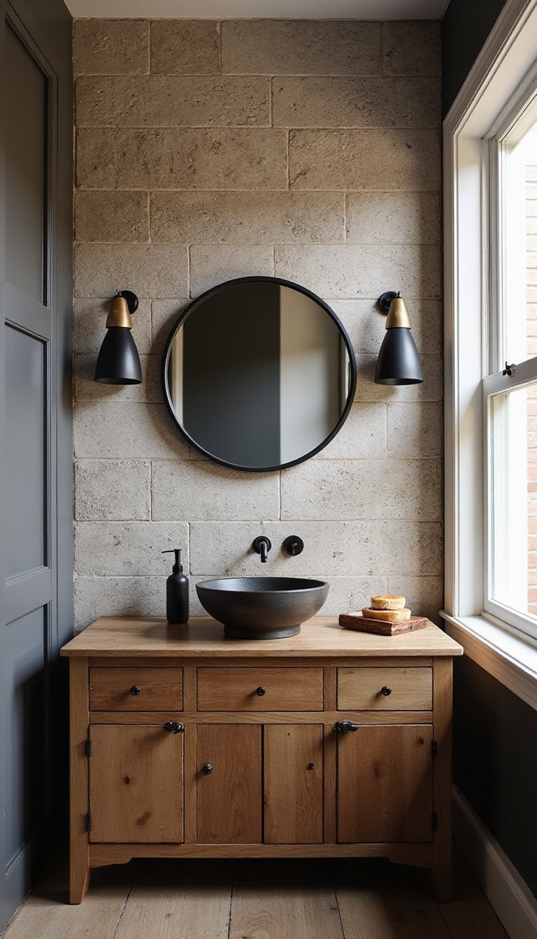 Rustic Hex Tile Accent Wall Behind Vanity