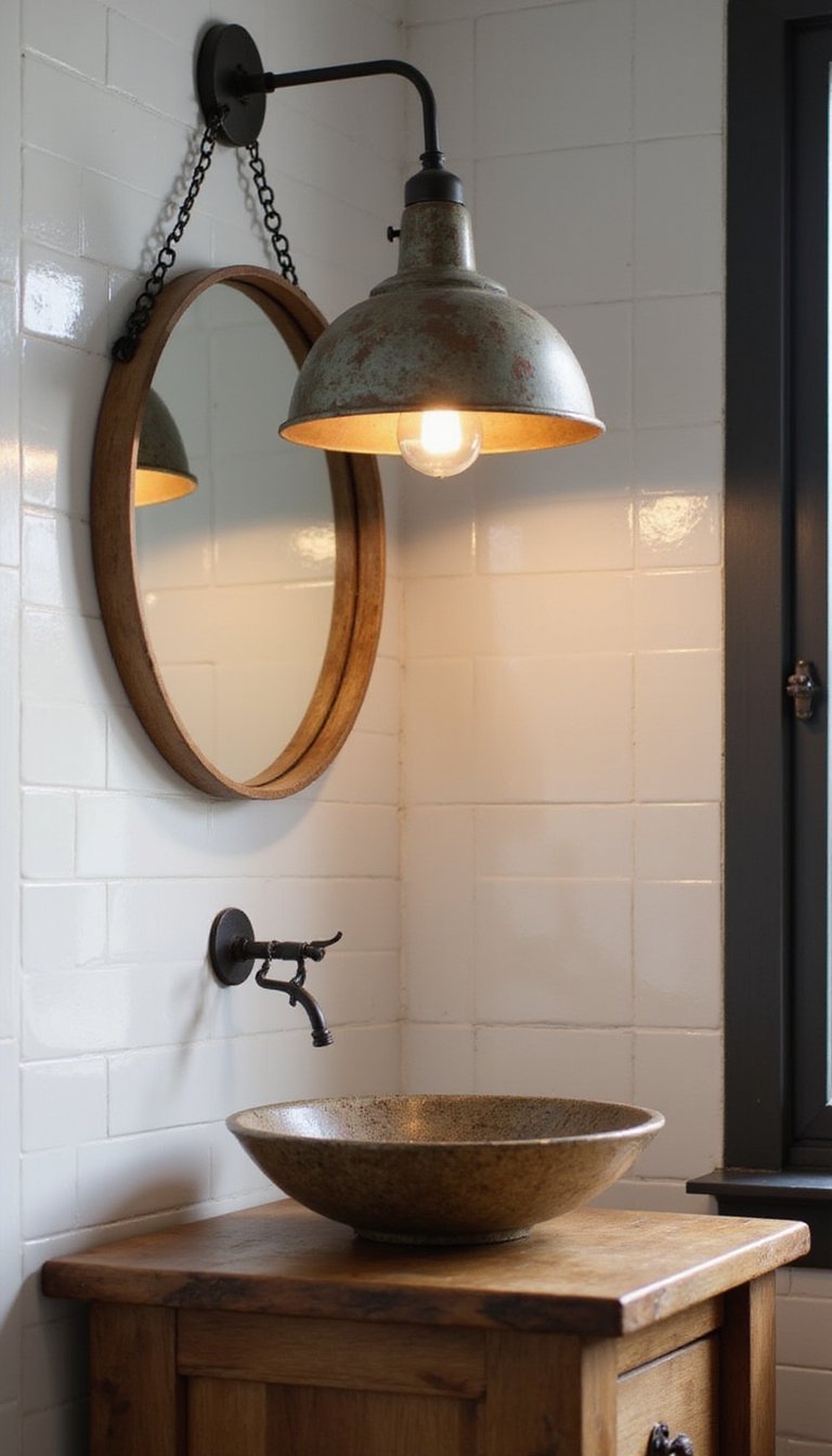 Weathered Metal Pendant Lighting Above Sink