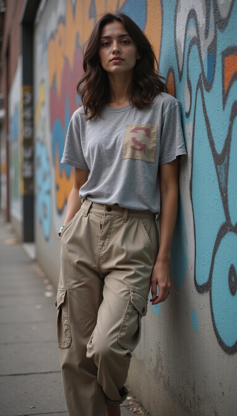 Graphic Patchwork Tee With Cargo Trousers