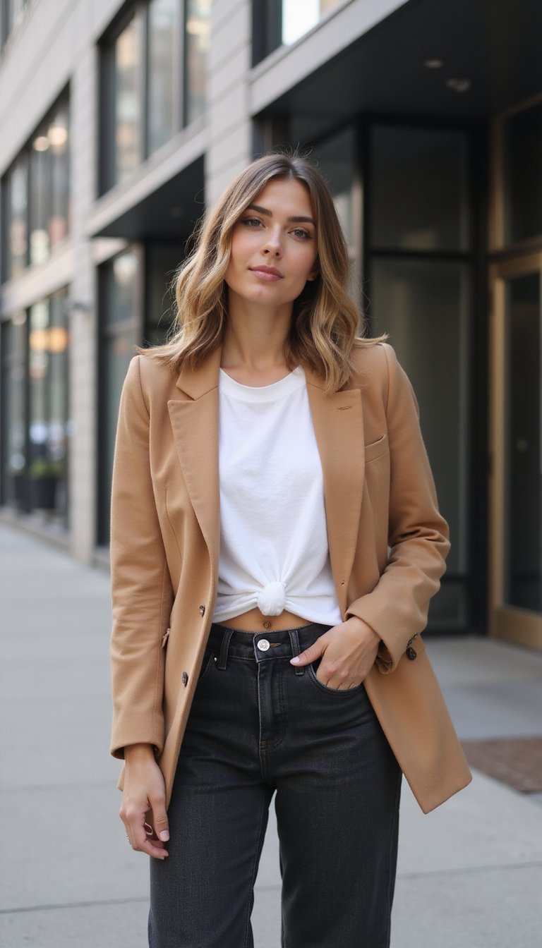Knotted Tee Under Tailored Blazer And Jeans