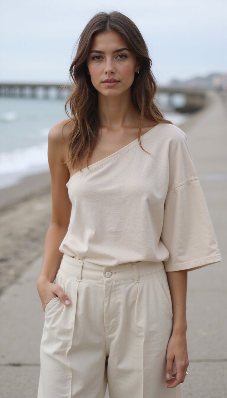 One-Shoulder Tee With Wide-Leg Linen Trousers