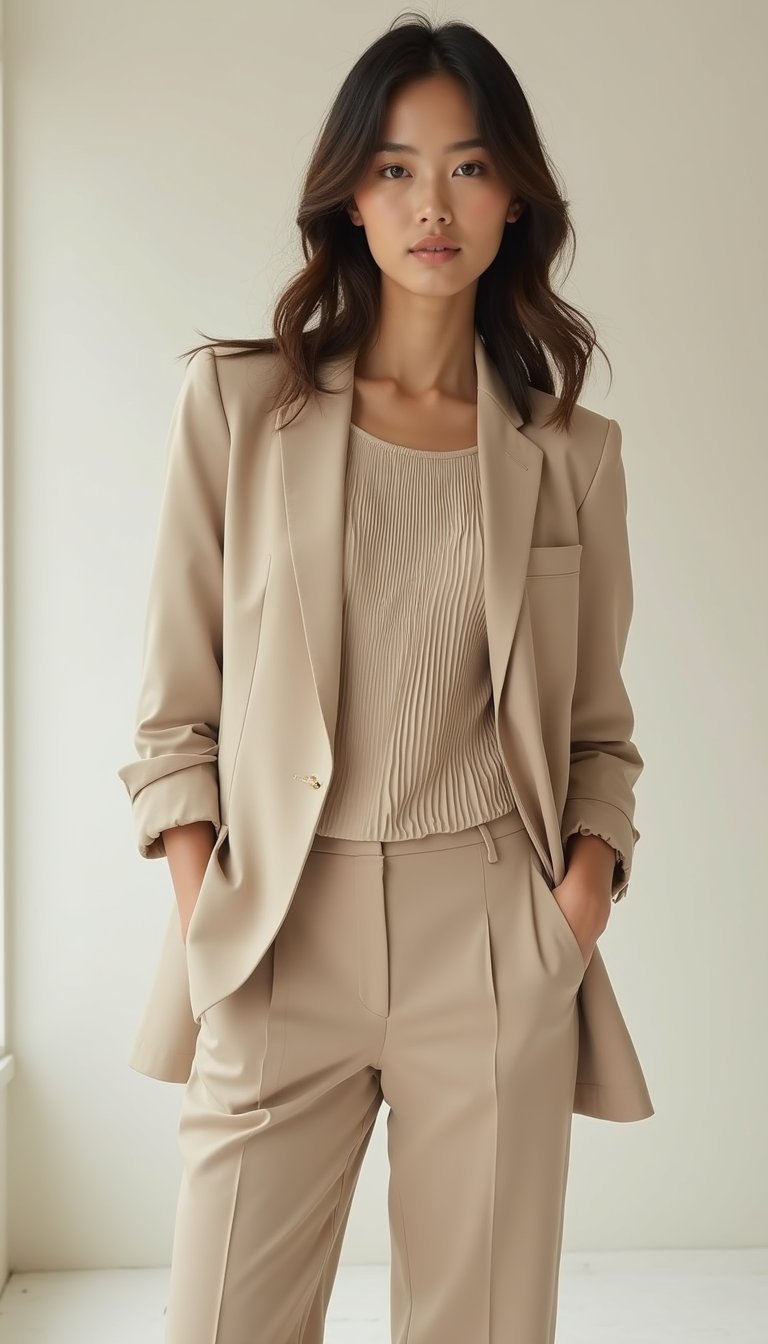 Pleated Panel Tee With Soft Blazer And Slacks