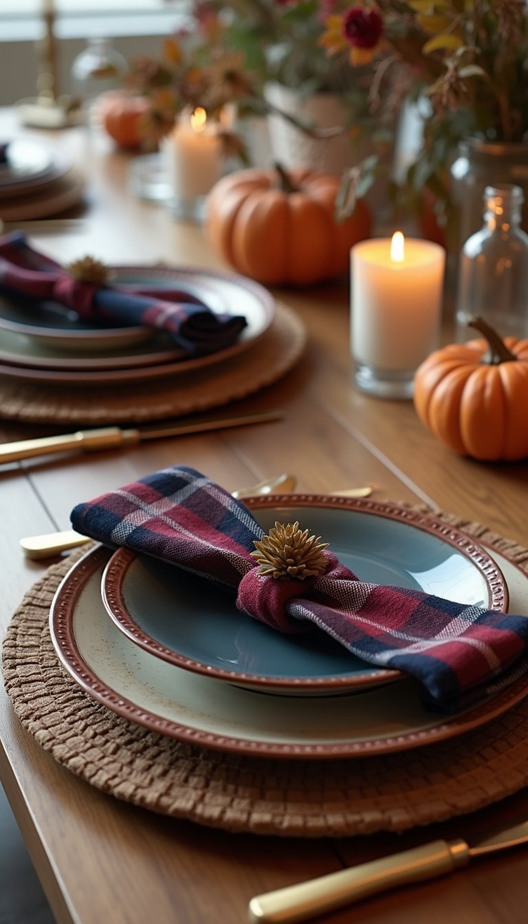 Layered Chargers With Plaid Napkin Accent