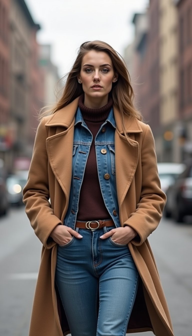 Double Denim Layered With Oversized Wool Coat