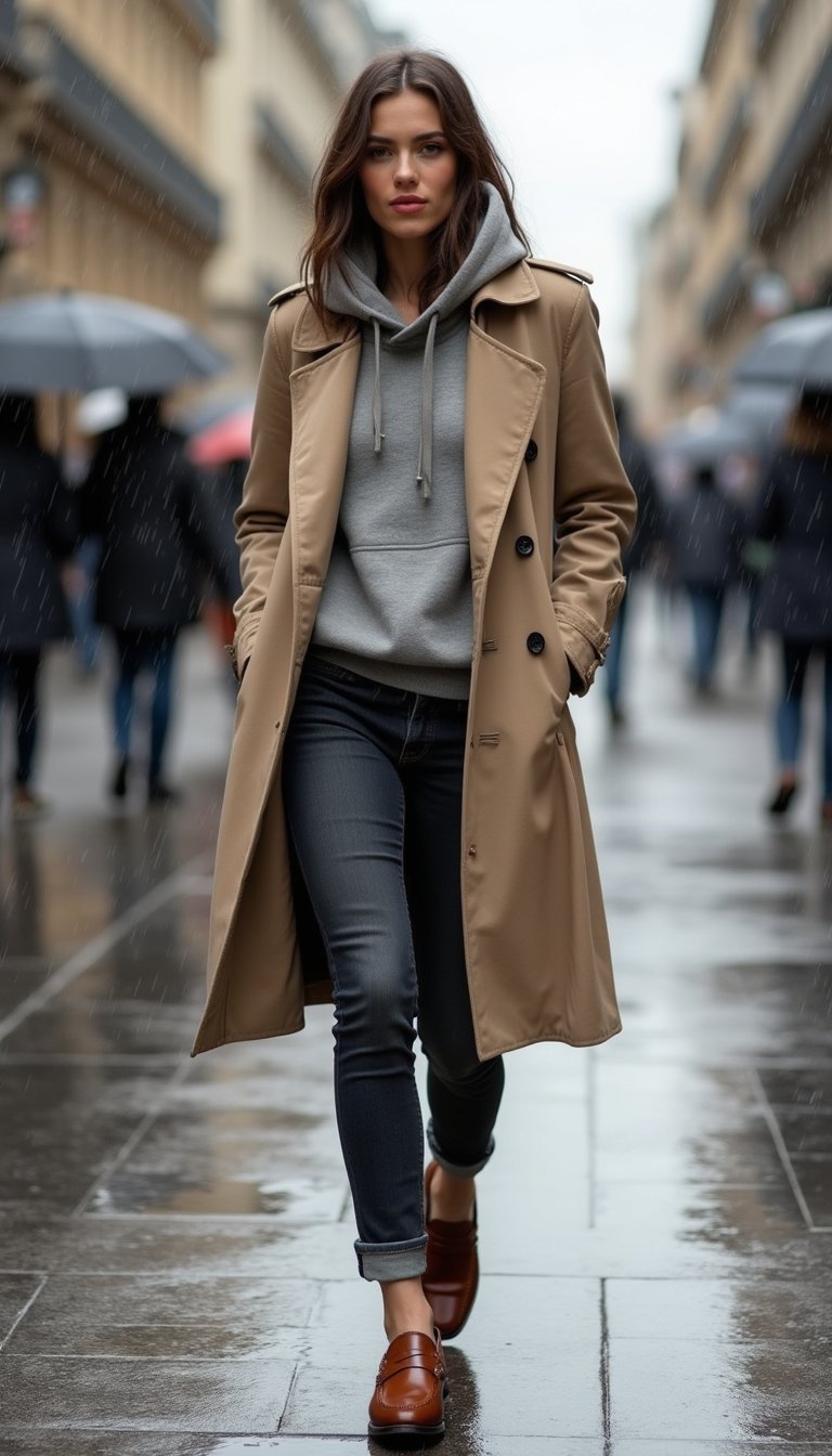 Hoodie Under Trench Coat With Leather Loafers