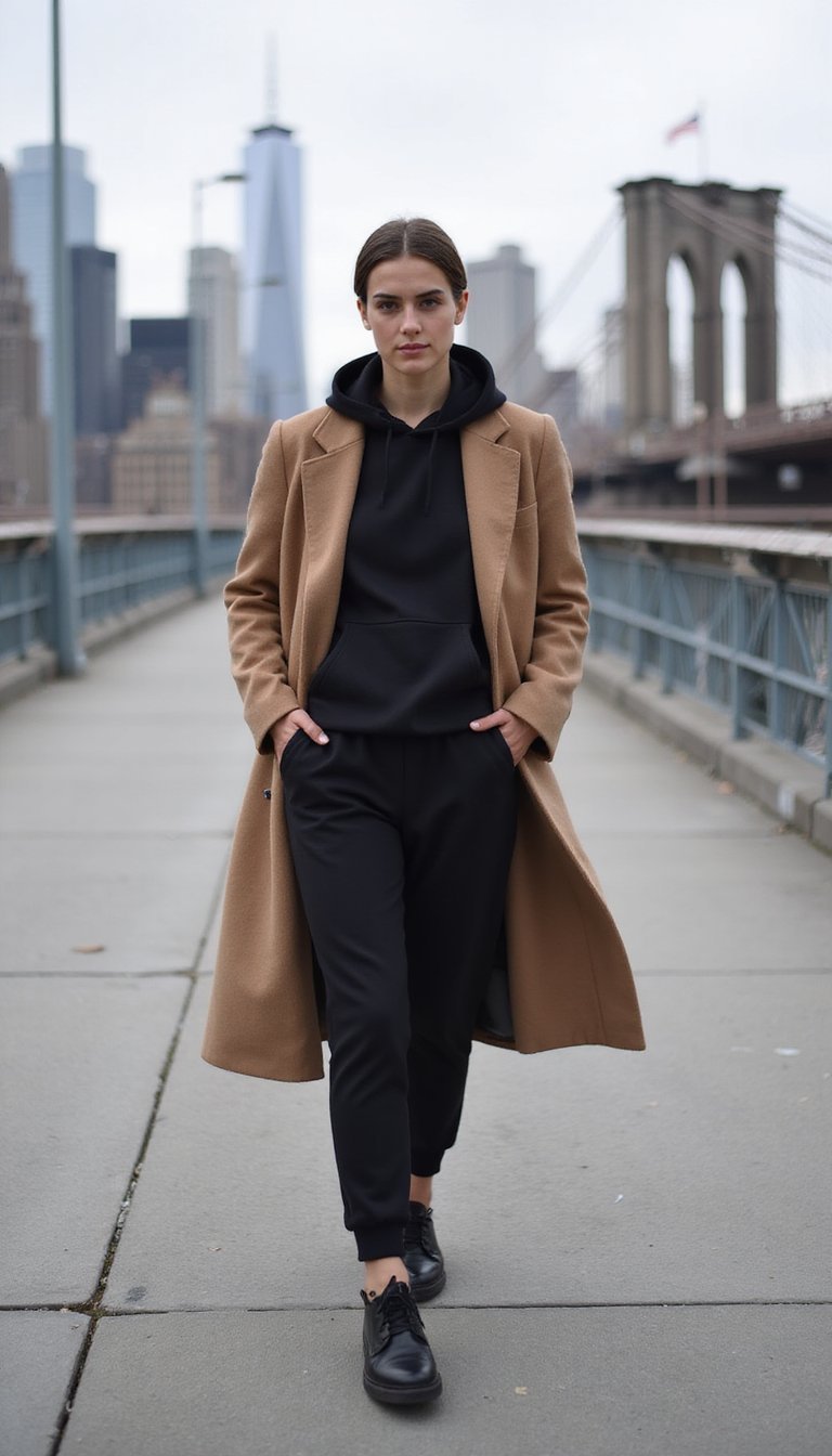 Long Wool Coat With Hoodie And Joggers