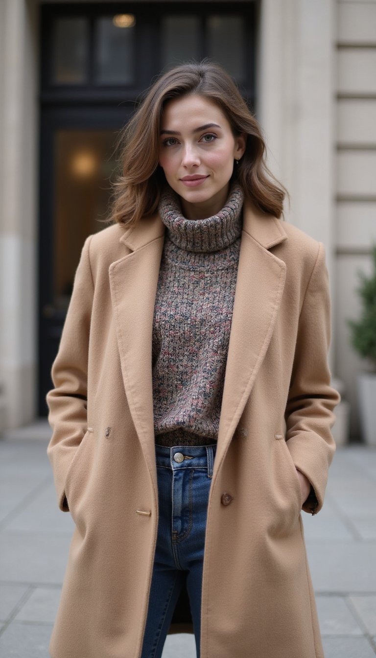 Mixed Prints Layered With Neutral Wool Overcoat