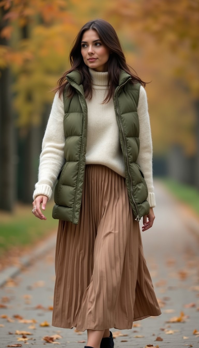 Puffer Vest Over Wool Sweater And Midi Skirt