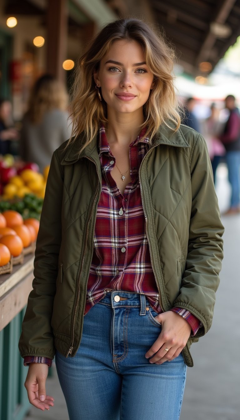 Quilted Jacket With Flannel Shirt And Jeans